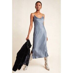 Anthropologie Gray Elyse Bias Cut Satin Cowl Neck Spaghetti Straps Slip Dress XL